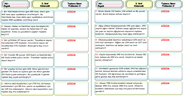 3.Sınıf Matematik Toplama İşlemi Problemleri-3