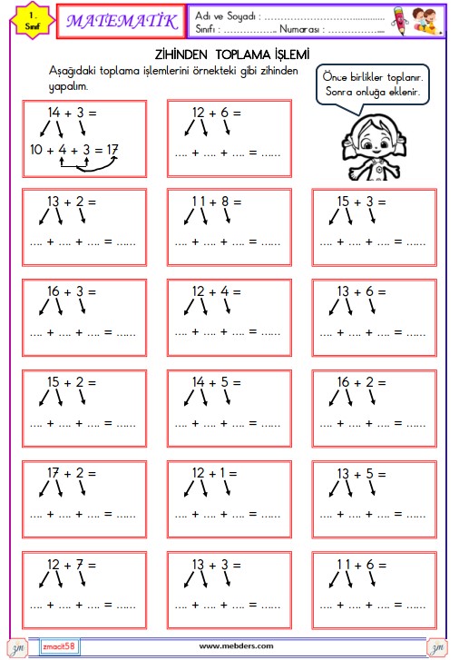 1. Sınıf Matematik Zihinden Toplama İşlemi Etkinliği 3