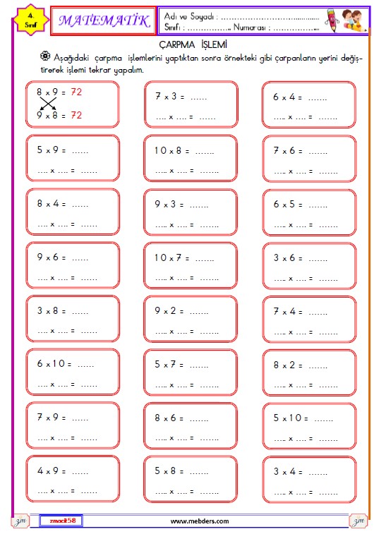 4. Sınıf Matematik Çarpma İşlemi Etkinliği 2