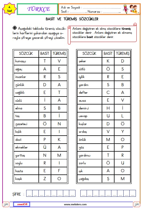 4. Sınıf Türkçe Basit ve Türemiş Sözcükler Etkinliği