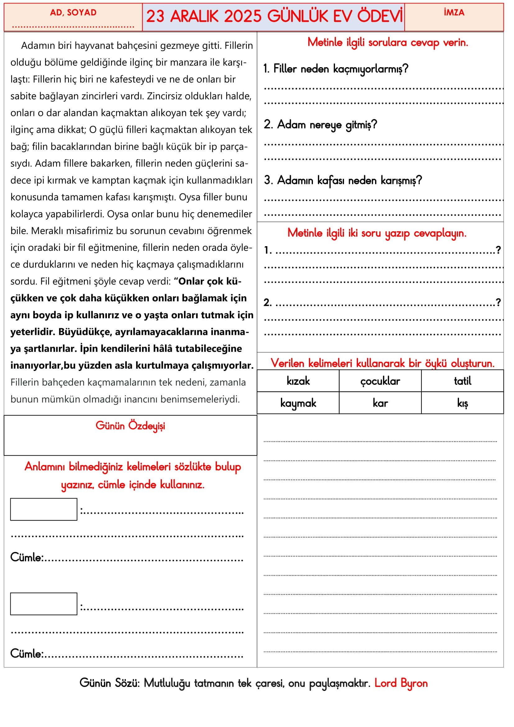 3.Sınıf - 23 Aralık 2025 Günlük Ev Ödevleri