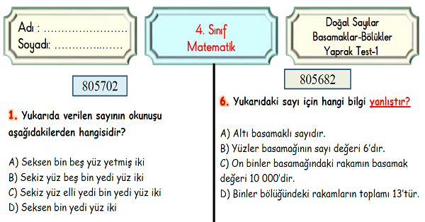 4.Sınıf Matematik Doğal Sayılarda Bölükler-Basamaklar Yaprak Test