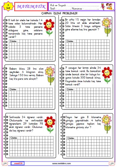 3. Sınıf Matematik Çarpma İşlemleri Problemleri Etkinliği 6