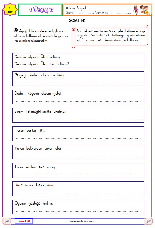 4.. Sınıf Türkçe Soru Eki Etkinliği 3