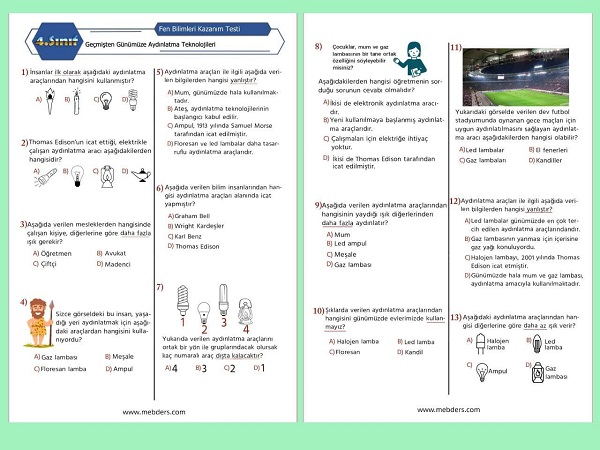 4. Sınıf Fen Bilimleri Geçmişten Günümüze Aydınlatma Teknolojileri Kazanım Testi