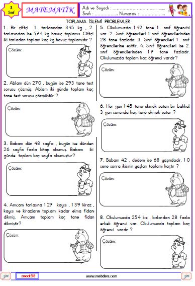 3. Sınıf Matematik Toplama İşlemi Problemleri Etkinliği 1