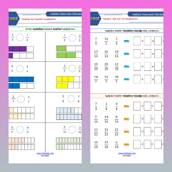 4. Sınıf Matematik - Paydaları Eşit Kesirleri Karşılaştırma Etkinliği