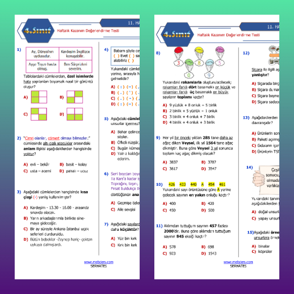 4. Sınıf Haftalık Değerlendirme Testi - 11. Hafta
