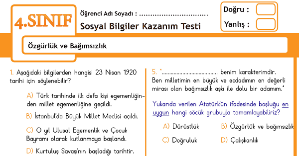 4.Sınıf Sosyal Bilgiler Özgürlük ve Bağımsızlık Kazanım Testi