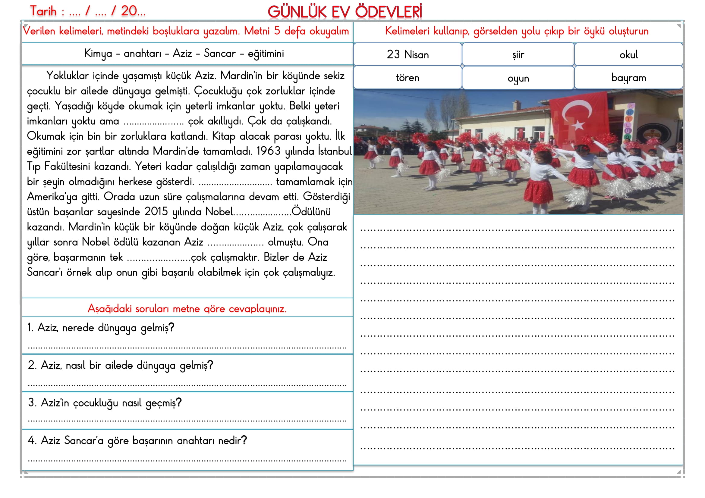 2.Sınıf 21 Nisan 2025 Günlük Ev Ödevi