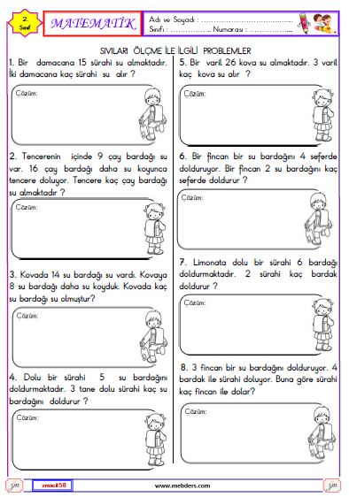 2. Sınıf Matematik Sıvıları Ölçme ile İlgili Problemler Etkinliği 1