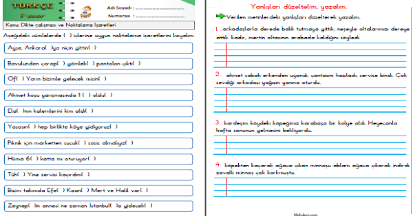 1. Sınıf Türkçe Dikte Çalışması ve Noktalama İşaretleri Etkinlikleri 1