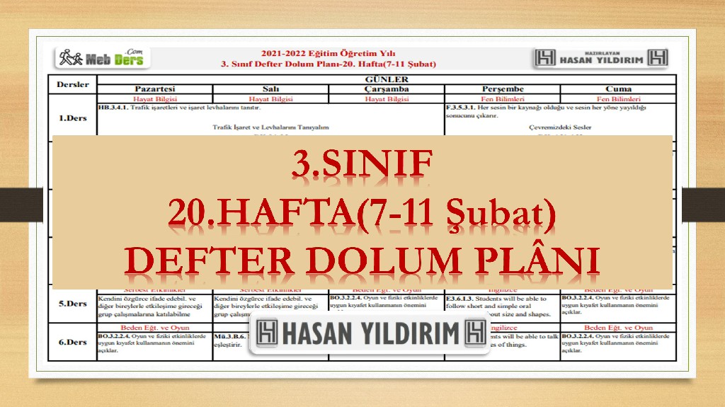 3.Sınıf 20.Hafta(7-11 Şubat) Defter Dolum Planı