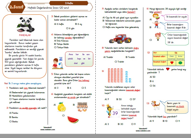 2.Sınıf Haftalık Değerlendirme Testi - 3.Hafta (26-30 Eylül)