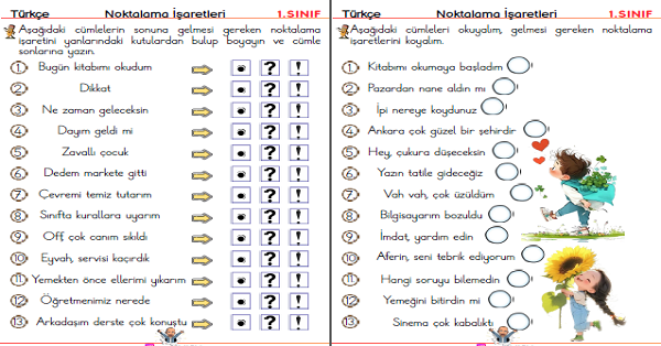 1. Sınıf Türkçe Noktalama İşaretleri Çalışma Etkinlikleri 4 Sayfa
