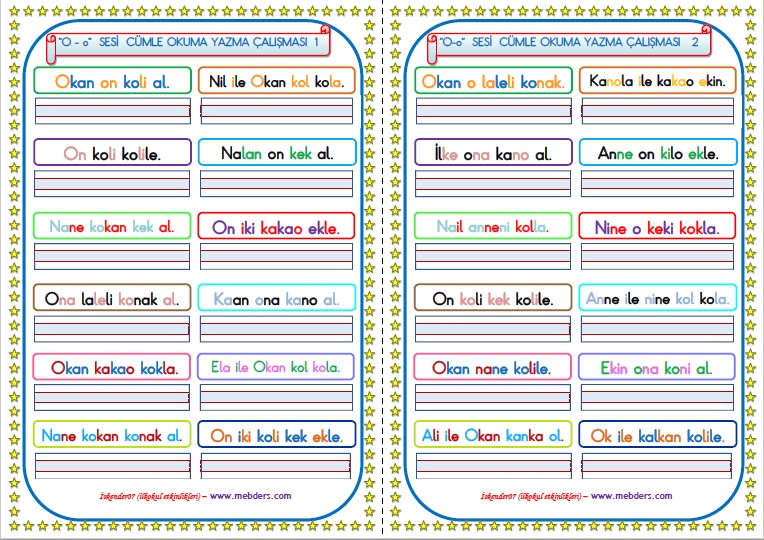 1.Sınıf O-o Sesi Cümle Okuma Yazma Çalışması   (2 SAYFA)