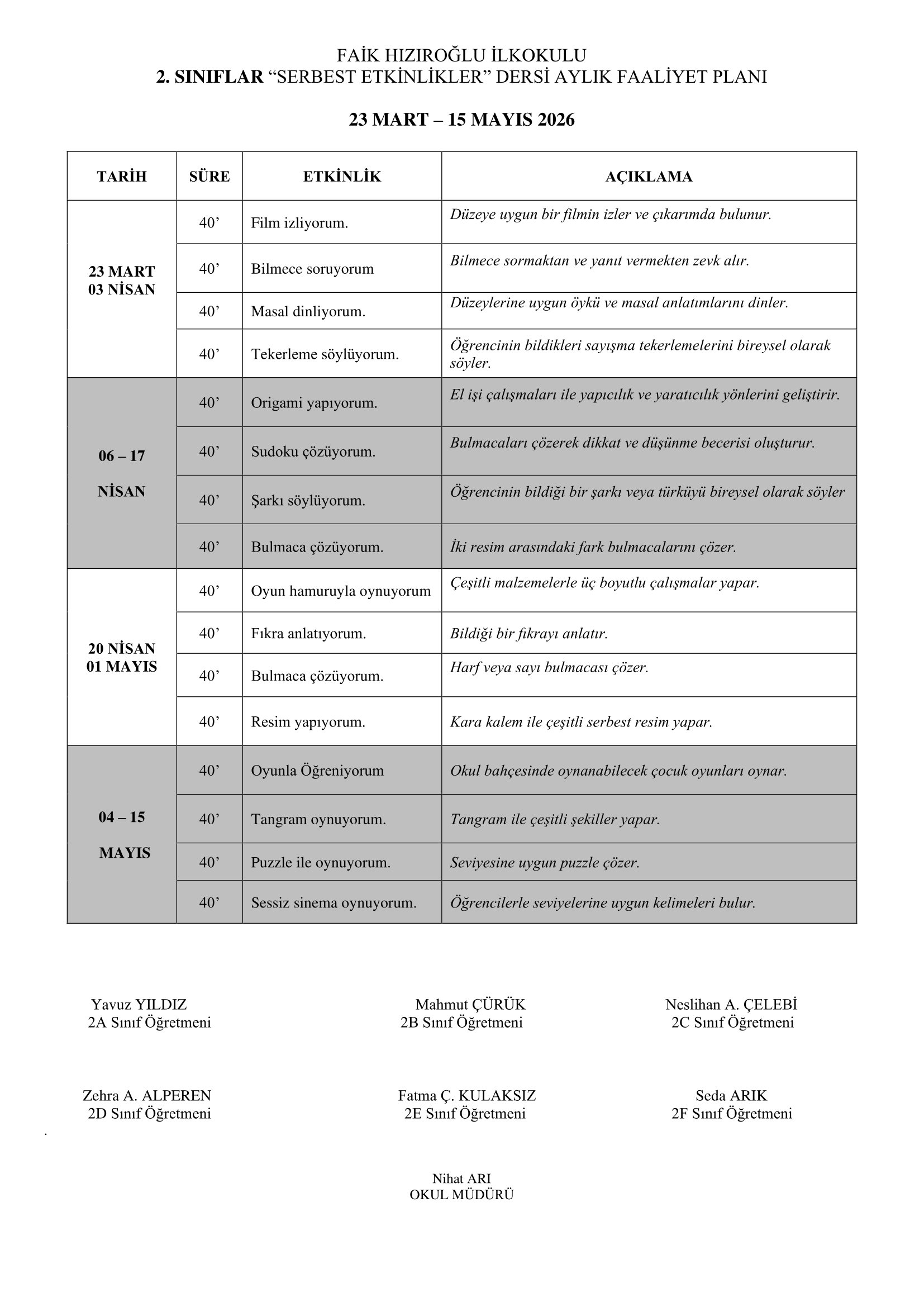 2.Sınıf 23 Mart - 15 Mayıs 2026 Serbest Etkinlik Planı.doc