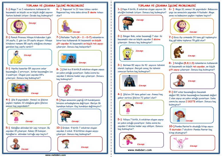 2.Sınıf Matematik Toplama ve Çıkarma İşlemi Problemleri   (4 Sayfa - 40 Soru)