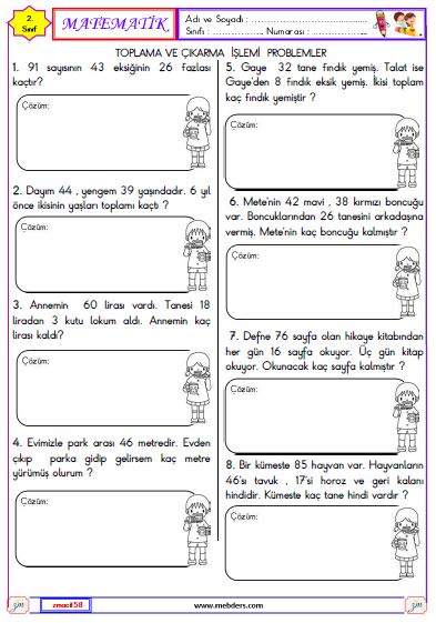 2. Sınıf Matematik Toplama ve Çıkarma İşlemi Problemleri Etkinliği 9