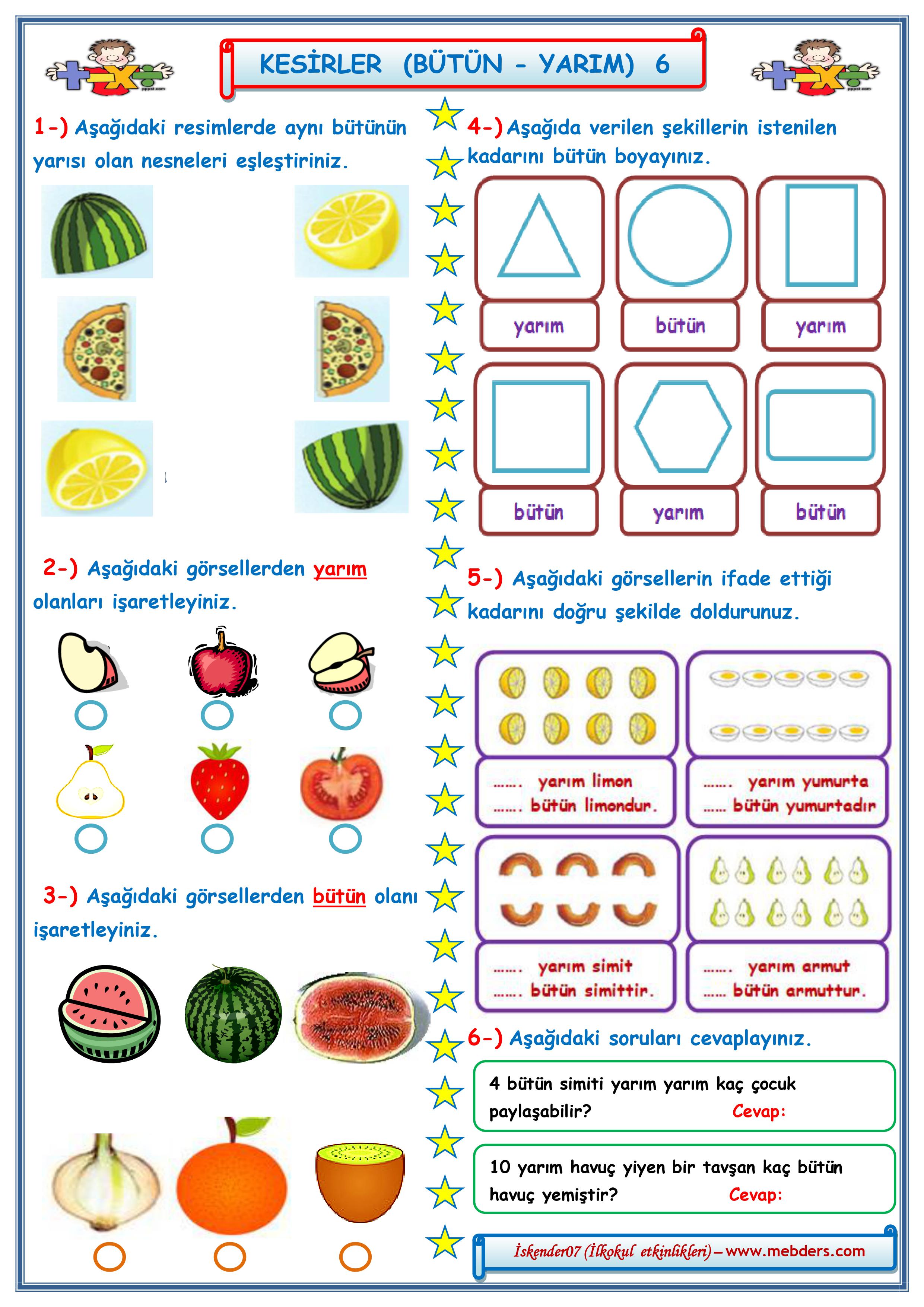 1.Sınıf Matematik Kesirler Bütün Yarım Çalışması  6