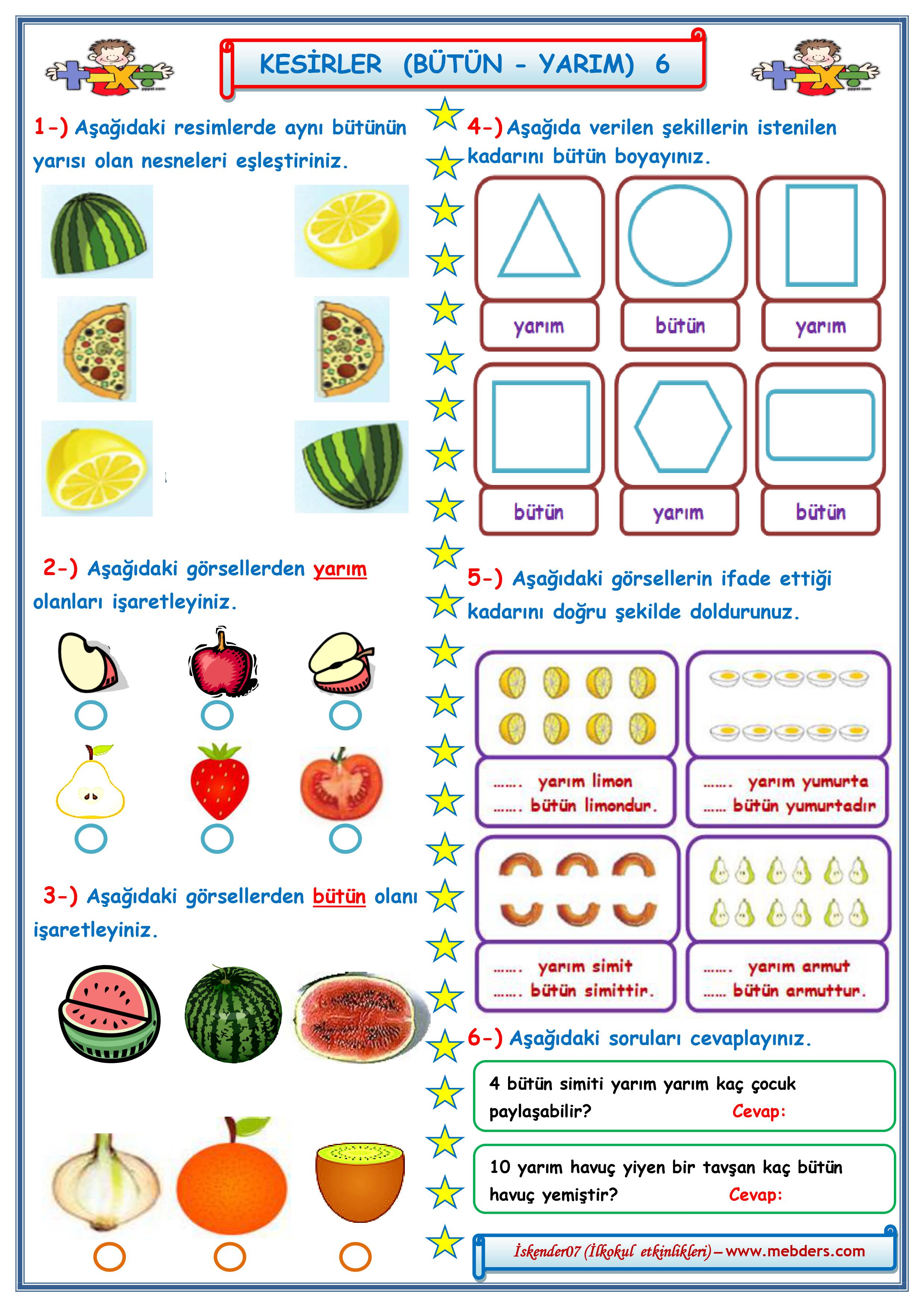 1.Sınıf Matematik Kesirler Bütün Yarım Çalışması  6