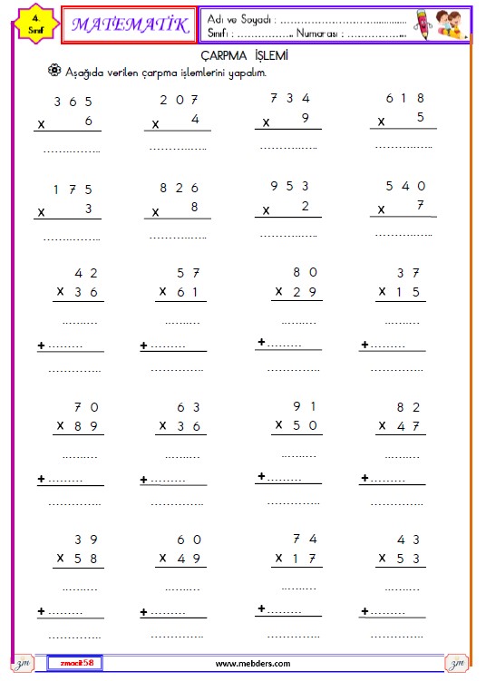 4. Sınıf Matematik Çarpma İşlemi Etkinliği 1