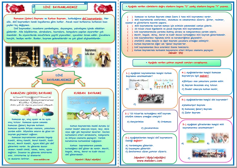 2.Sınıf Hayat Bilgisi Dini Gün ve Bayramlarımız Etkinlik Çalışması (2 sayfa)