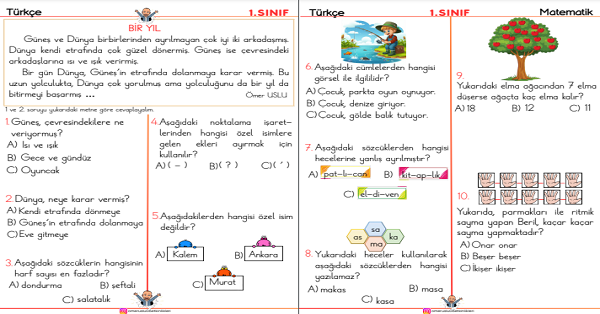 1. Sınıf Değerlendirme 2 (Türkçe Matematik Hayat Bilgisi)