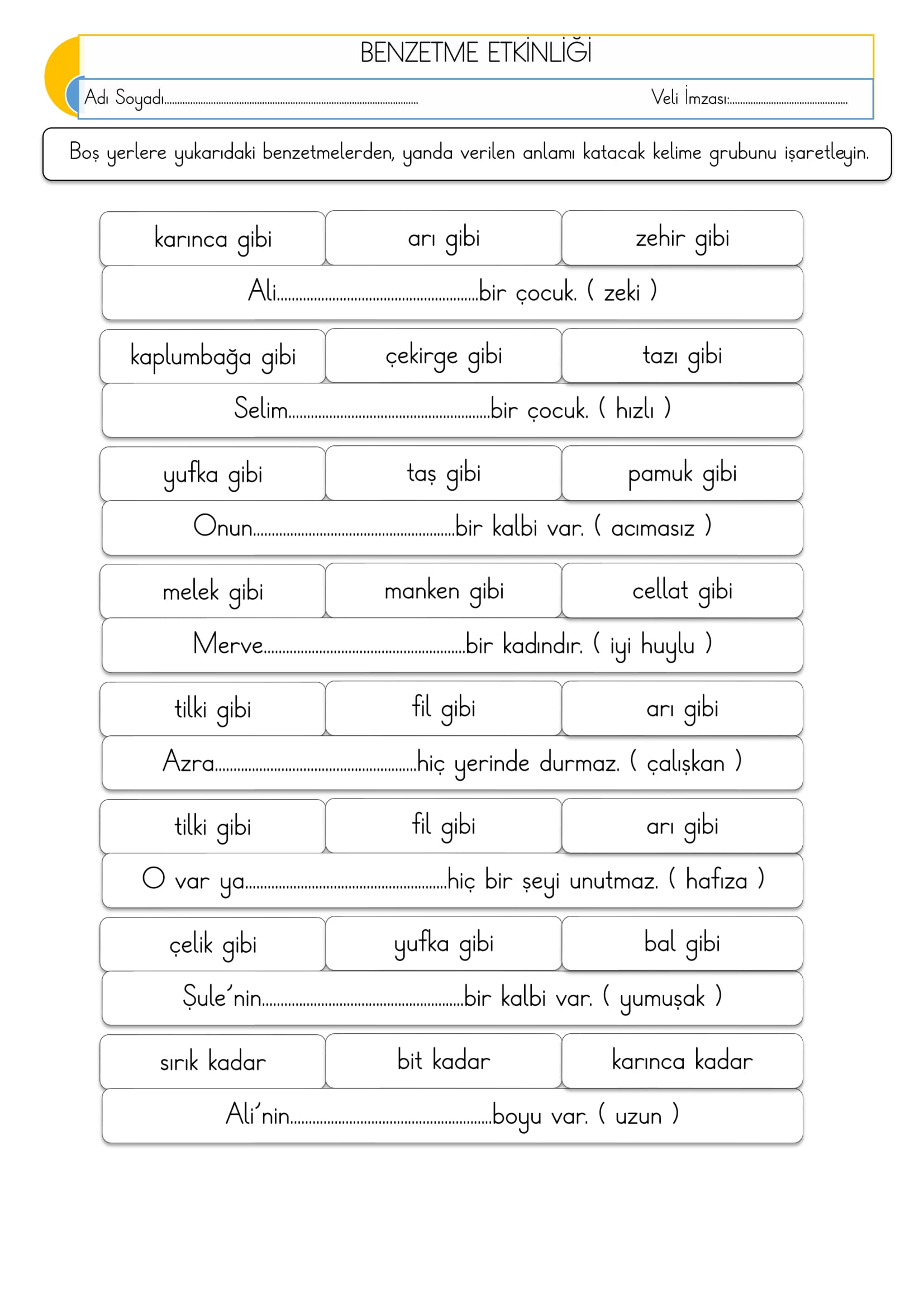 2.Sınıf - Türkçe - Benzetme Etkinliği
