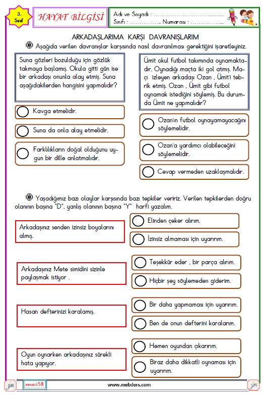 3. Sınıf Hayat Bilgisi Arkadaşlarıma Karşı Davranışlarım Etkinliği