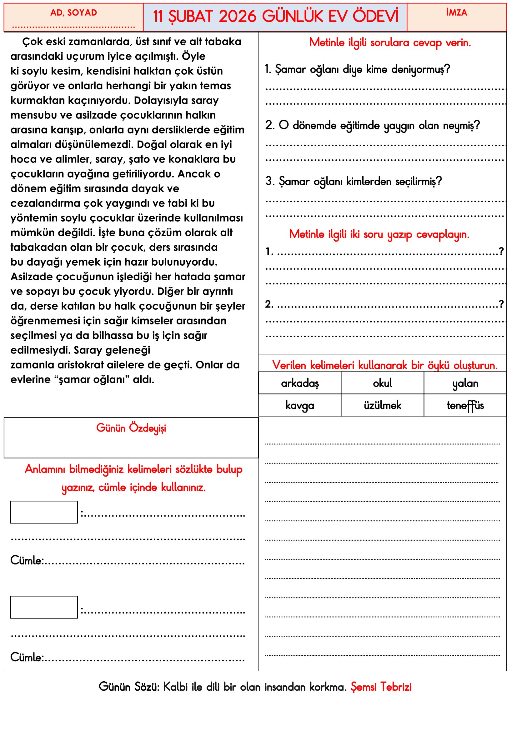 3.Sınıf - 11 Şubat 2026 Günlük Ev Ödevleri