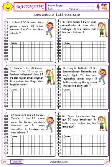 3. Sınıf Matematik Paralarımızla İlgili Problemler Etkinliği 2