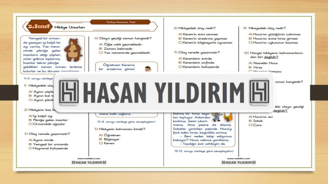 2.Sınıf Türkçe Hikaye Unsurları Testi