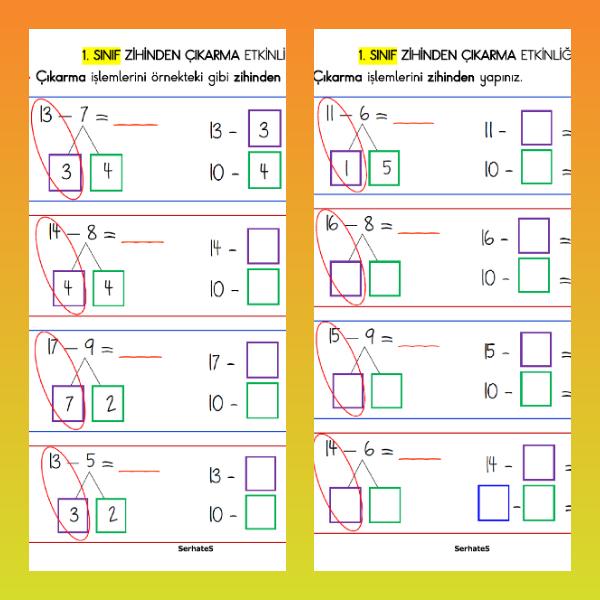 1. Sınıf Matematik - Zihinden Çıkarma Etkinliği - 2