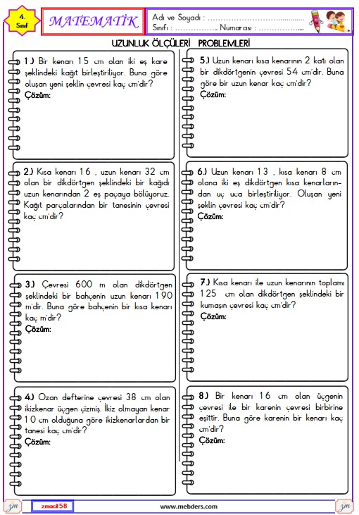 4. Sınıf Matematik Çevre ile İlgili Problemler Etkinliği 3