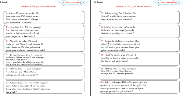 4. Sınıf Matematik Uzunluk Ölçme Problemleri