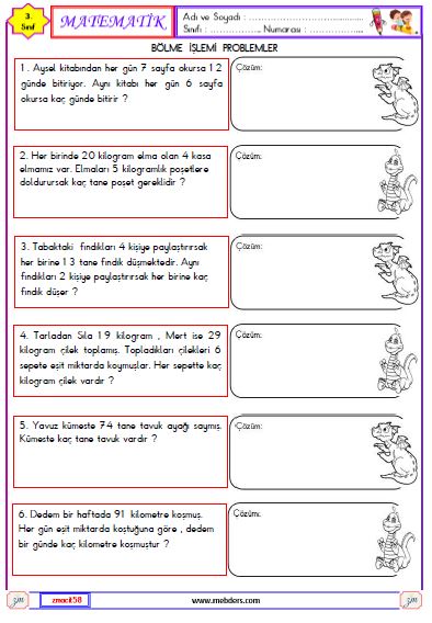 3. Sınıf Matematik Bölme İşlemi Problemleri Etkinliği 4