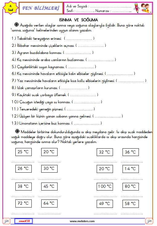 4. Sınıf Fen Bilimleri Maddenin Isı Etkisiyle Değişimi Etkinliği 1