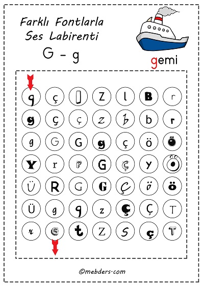 Farklı fontlarla ses labirenti - g sesi