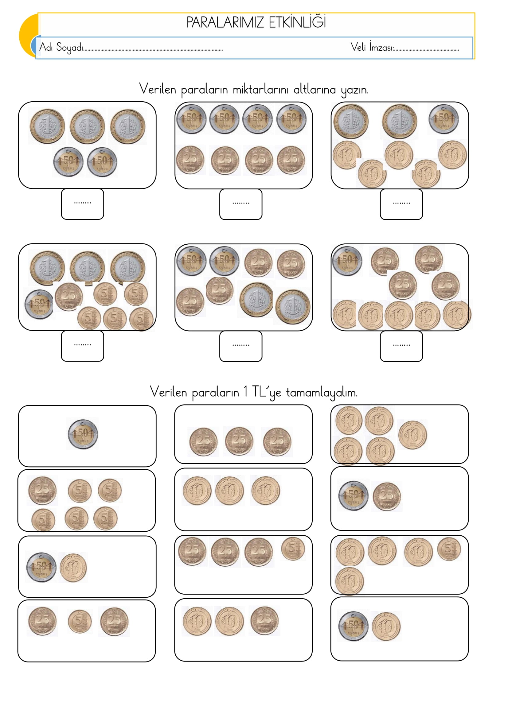 1.Sınıf Matematik Paralarımız Etkinliği-2