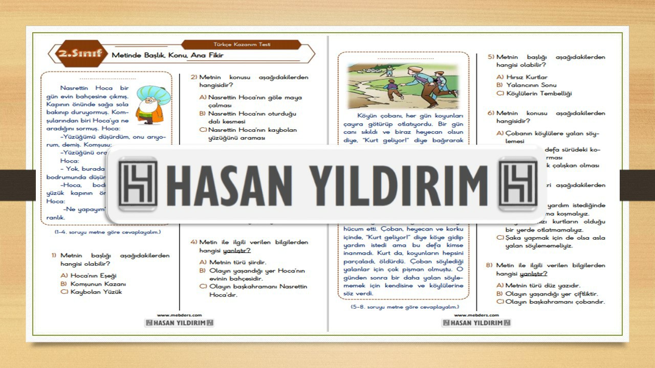 2.Sınıf Türkçe Metinde Başlık, Konu, Anafikir Testi