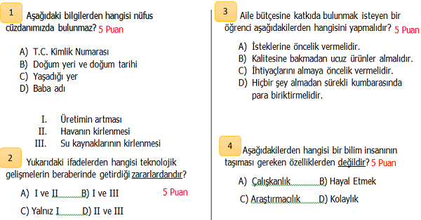 4.Sınıf Sosyal Bilgiler 2.Dönem 1.Yazılı Sınavı (İkinci Dönem Ağırlıklı)