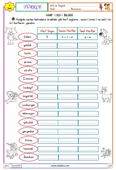 3. Sınıf Türkçe Harf Bilgisi Etkinliği 2