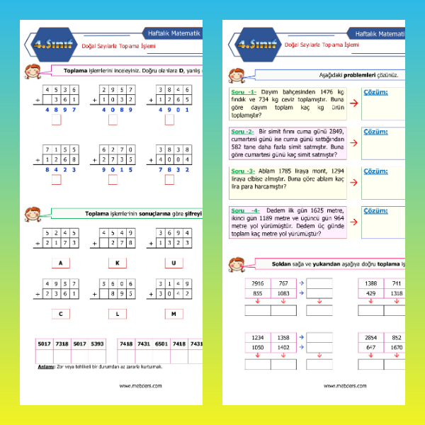 4. Sınıf Matematik - Doğal Sayılarla Toplama İşlemi Etkinlikleri