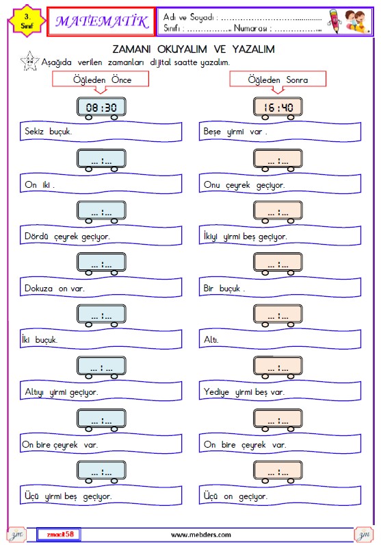 3. Sınıf Matematik Zamanı Okuyalım ve Yazalım Etkinliği 7