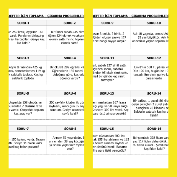 3. Sınıf Matematik -  Defter İçin Toplama Çıkarma Problemleri