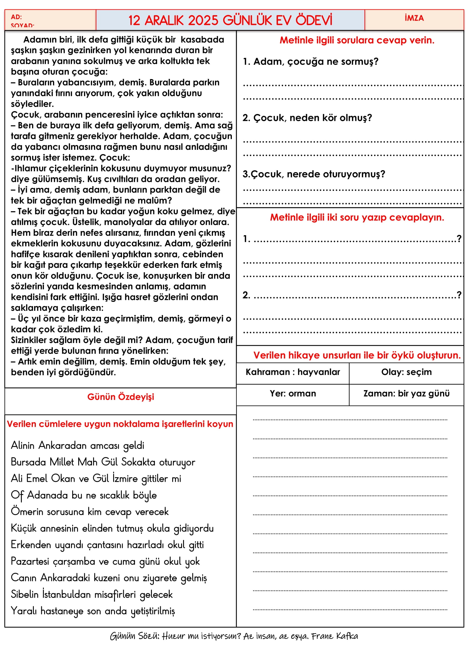 4.Sınıf - 12 Aralık 2025 Günlük Ev Ödevleri