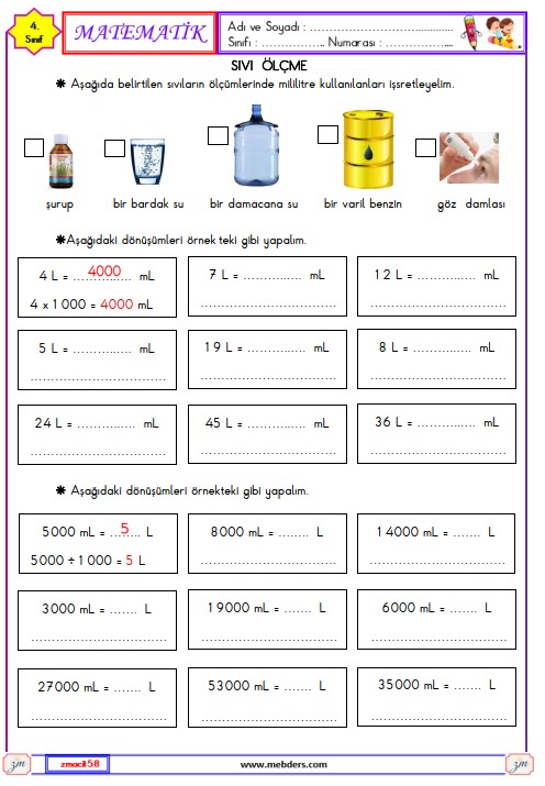 4. Sınıf Matematik Sıvı Ölçme Etkinliği 6