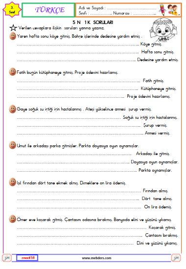 3. Sınıf Türkçe 5N 1K Soruları Etkinliği