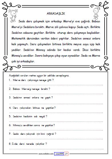 2. Sınıf Türkçe Okuma ve Anlama Metni Etkinliği (Arkadaşlık)